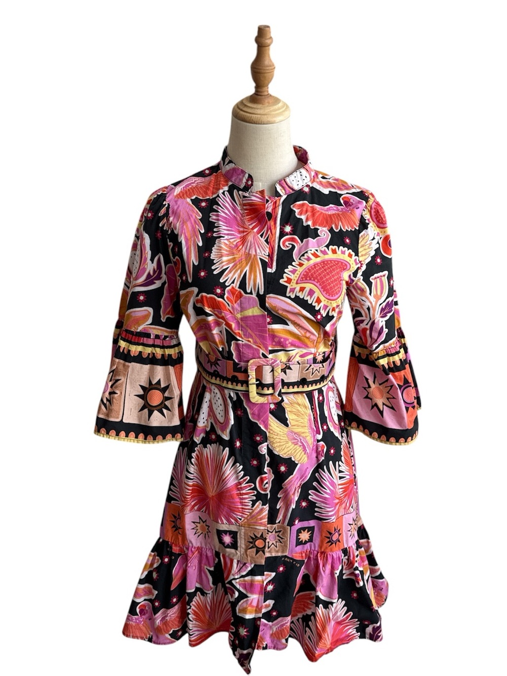 Farm Rio Black Enchanted Nature Floral Mini Belted Dress Resort Size Small - Picture 2 of 11